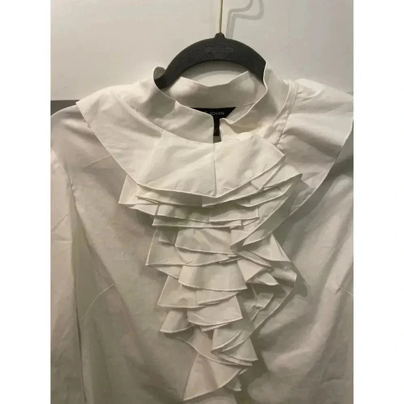 St. John White Tuxedo Front Ruffle Button Down Blouse, sz 6 - Picture 2 of 7